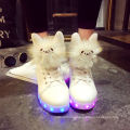 Cute Fur Accessories Children LED Light Up Shoes High Top USB Rechargeable Flashing Sneakers For Child Girls White Kids Shoes